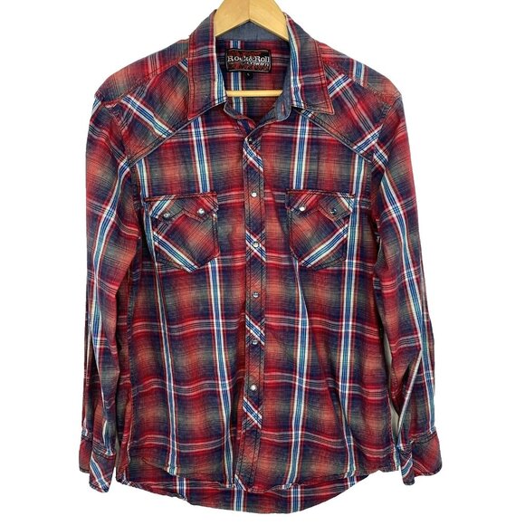 Rock & Roll Cowboy Shirt Mens Large Pearl Snap Long Sleeve Plaid Red Western - Picture 1 of 4